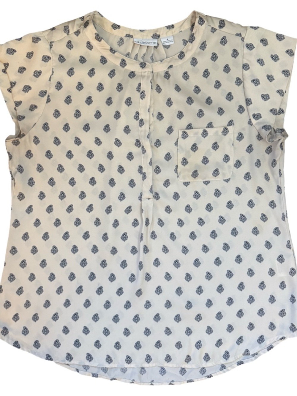 Liz Claiborne Cream Blouse with Navy Medallion Print